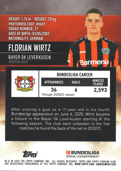 2021 Topps Stadium Club Chrome Bundesliga RC Florian Wirtz #71 Bayer Leverkusen