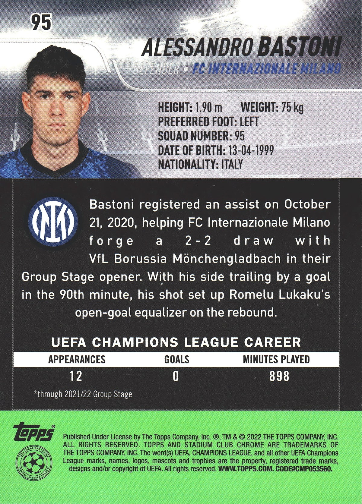 2021 Topps Stadium Club Chrome UCC Blue Prizm Alessandro Bastoni #95 Inter Milan