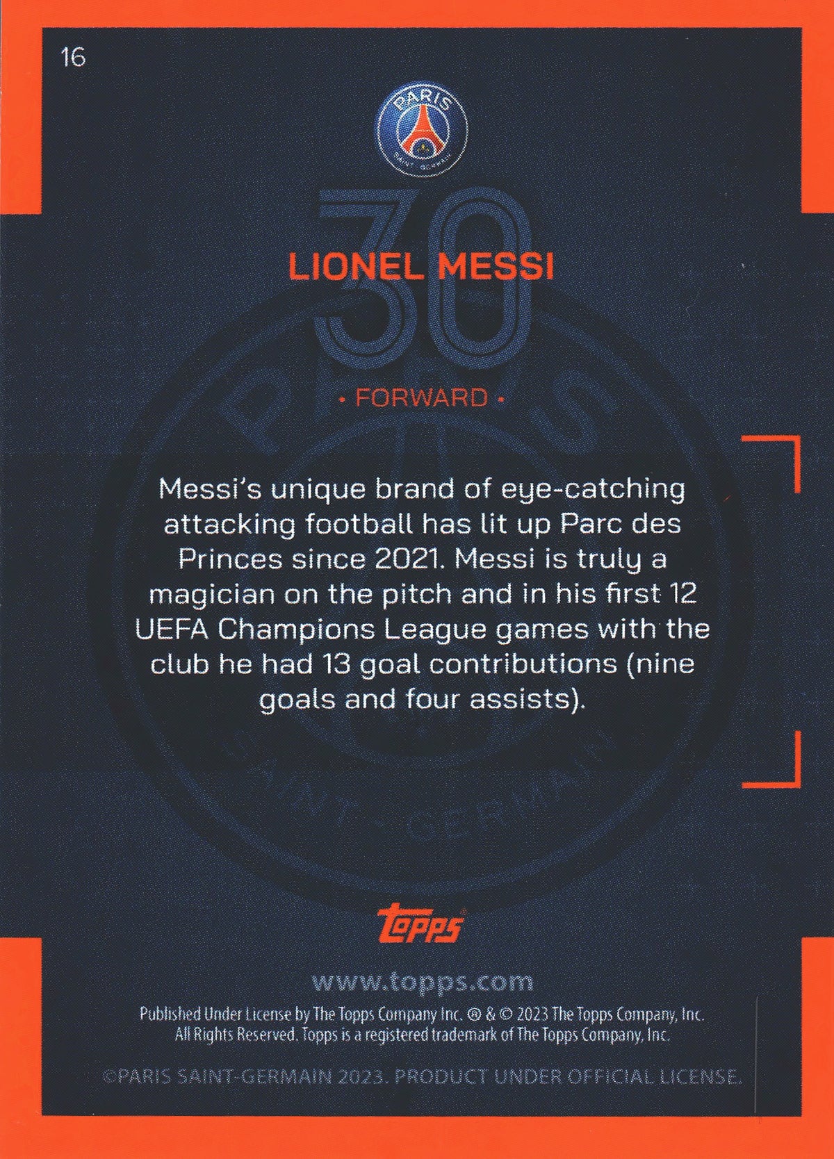2022 Topps PSG Team Set Lionel Messi Icy #16 Paris Saint-Germain
