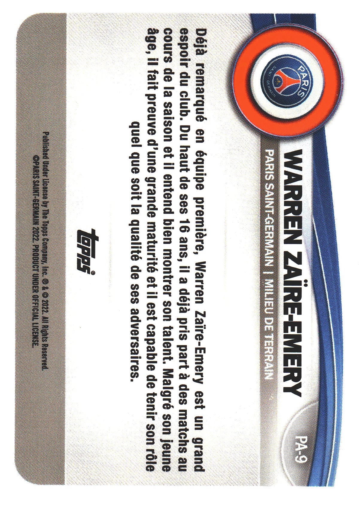 2022 Topps PSG Fan Set RC Electro Warren Zaïre-Emery #PA-9 Paris Saint-Germain