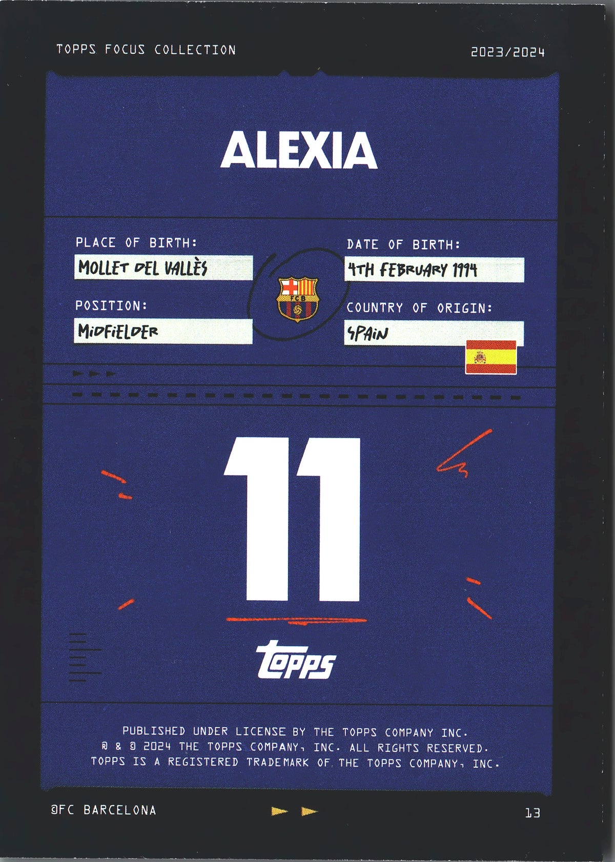 2023 Topps Focus FC Barcelona Alexia #13 FC Barcelona Femeni