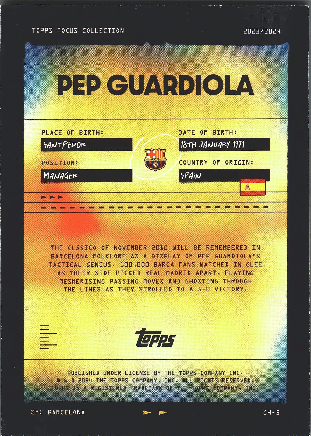 2023 Topps Focus FC Barcelona Golden Hour Pep Guardiola #GH-5 FC Barcelona