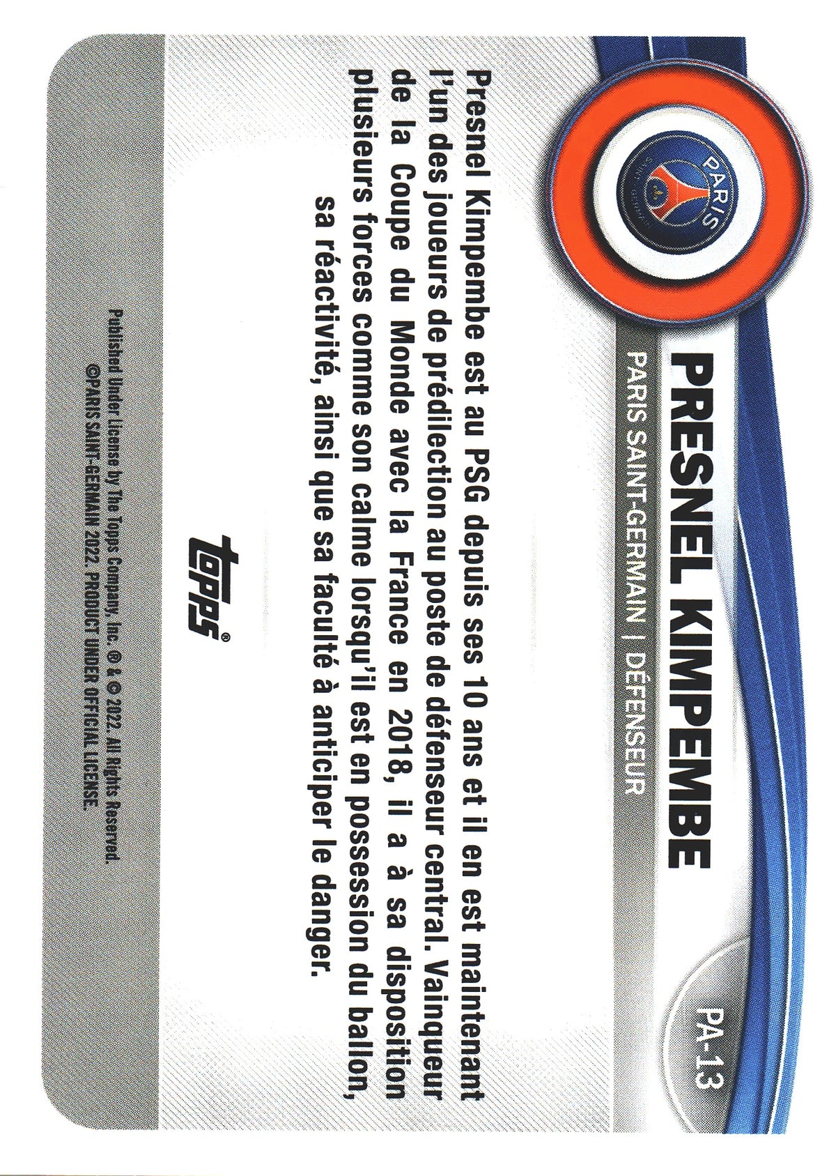 2022 Topps PSG Fan Set Presnel Kimpembe #PA-13 Paris Saint-Germain