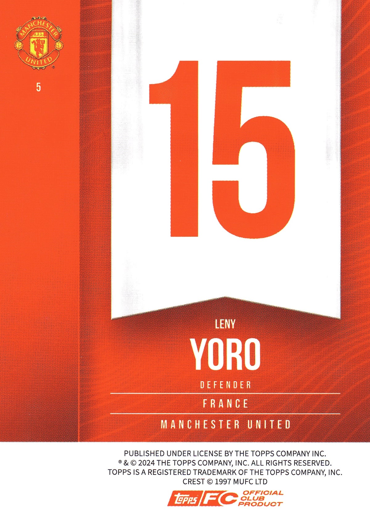 2024 Topps Manchester United Fan Set Leny Yoro #5 Manchester United