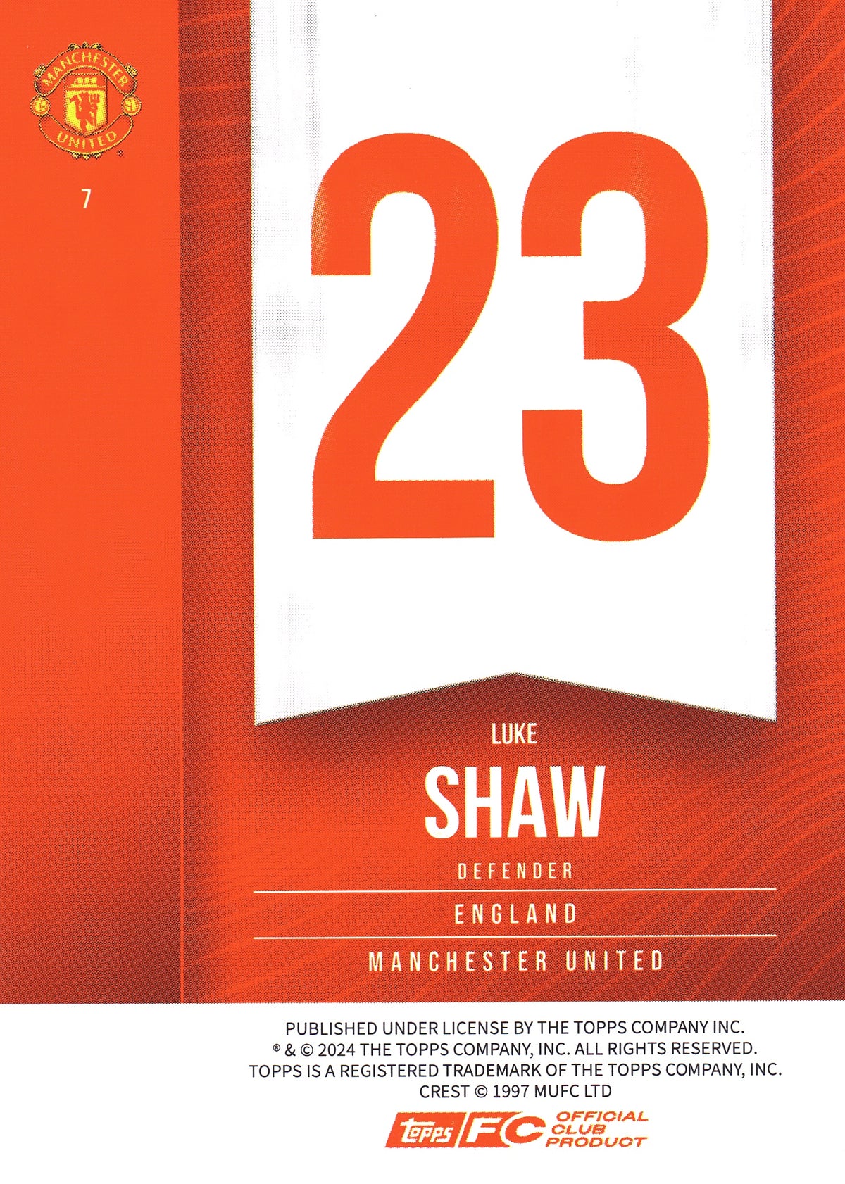 2024 Topps Manchester United Fan Set Luke Shaw #7 Manchester United