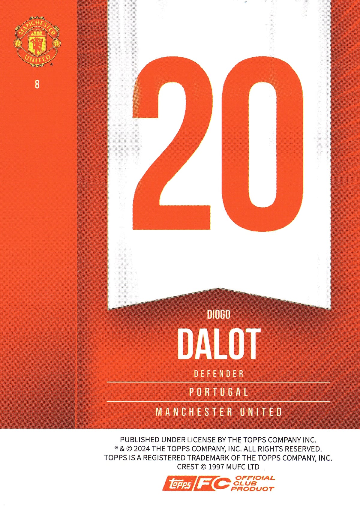 2024 Topps Manchester United Fan Set Diogo Dalot #8 Manchester United