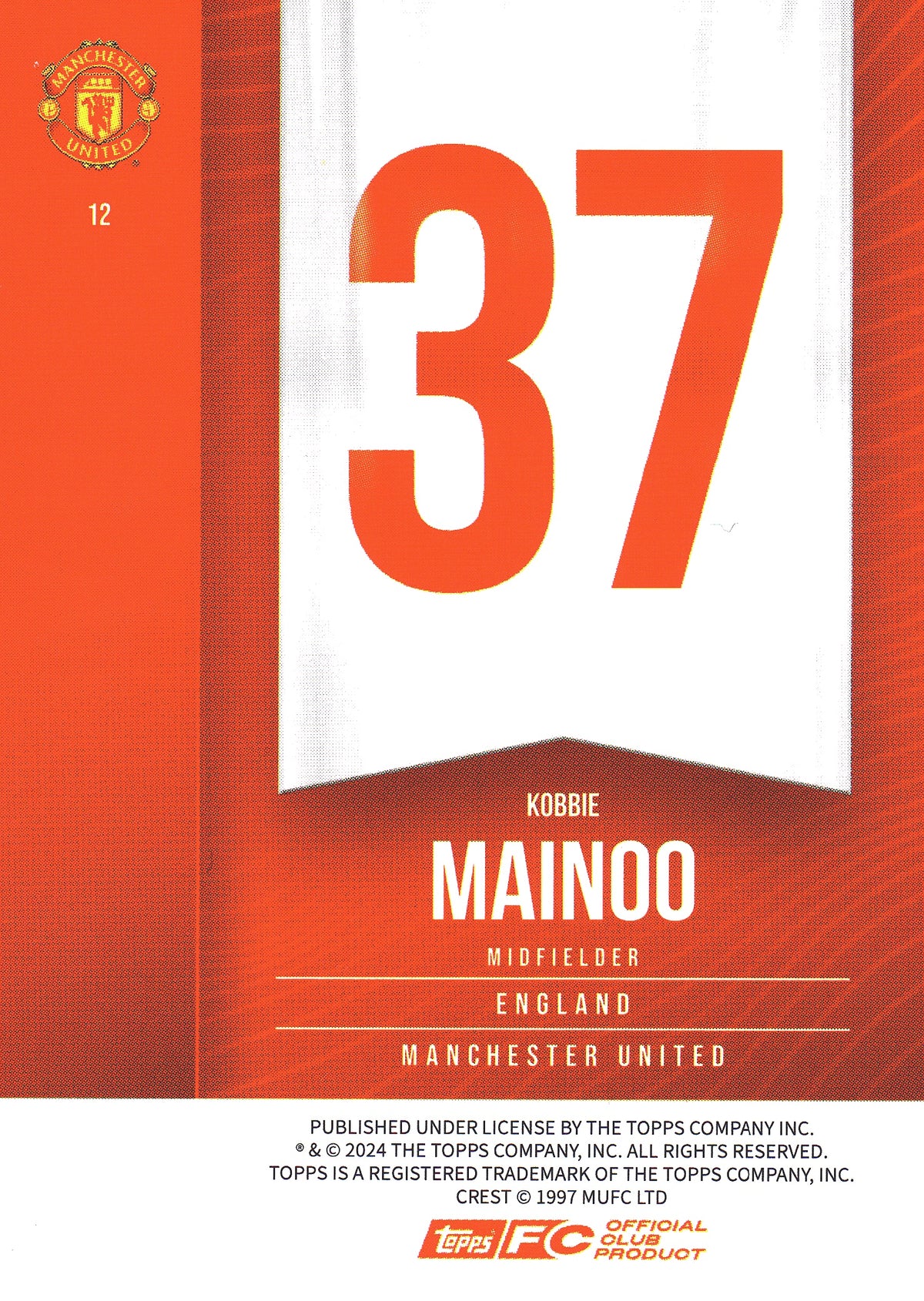 2024 Topps Manchester United Fan Set Kobbie Mainoo #12 Manchester United