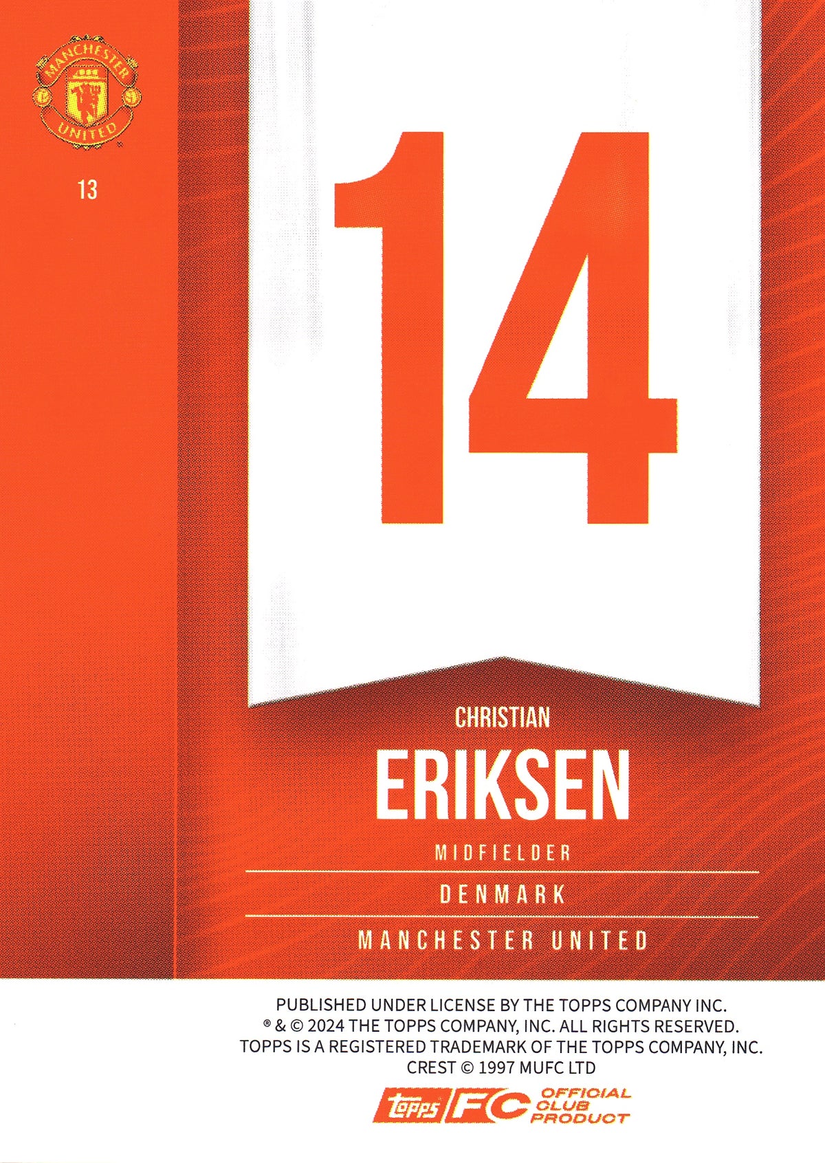 2024 Topps Manchester United Fan Set Christian Eriksen #13 Manchester United