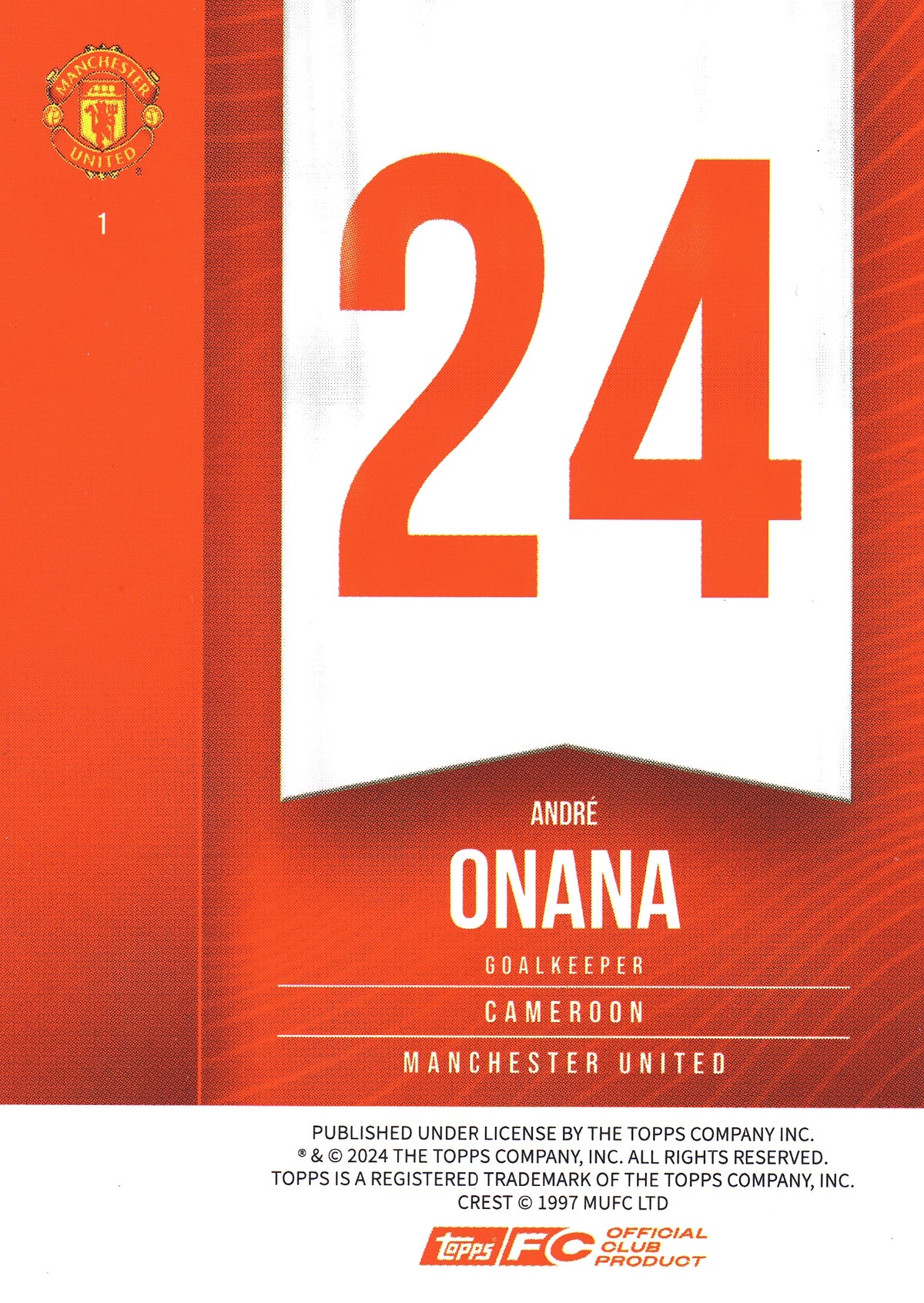2024 Topps Manchester United Fan Set Andre Onana #1 Manchester United