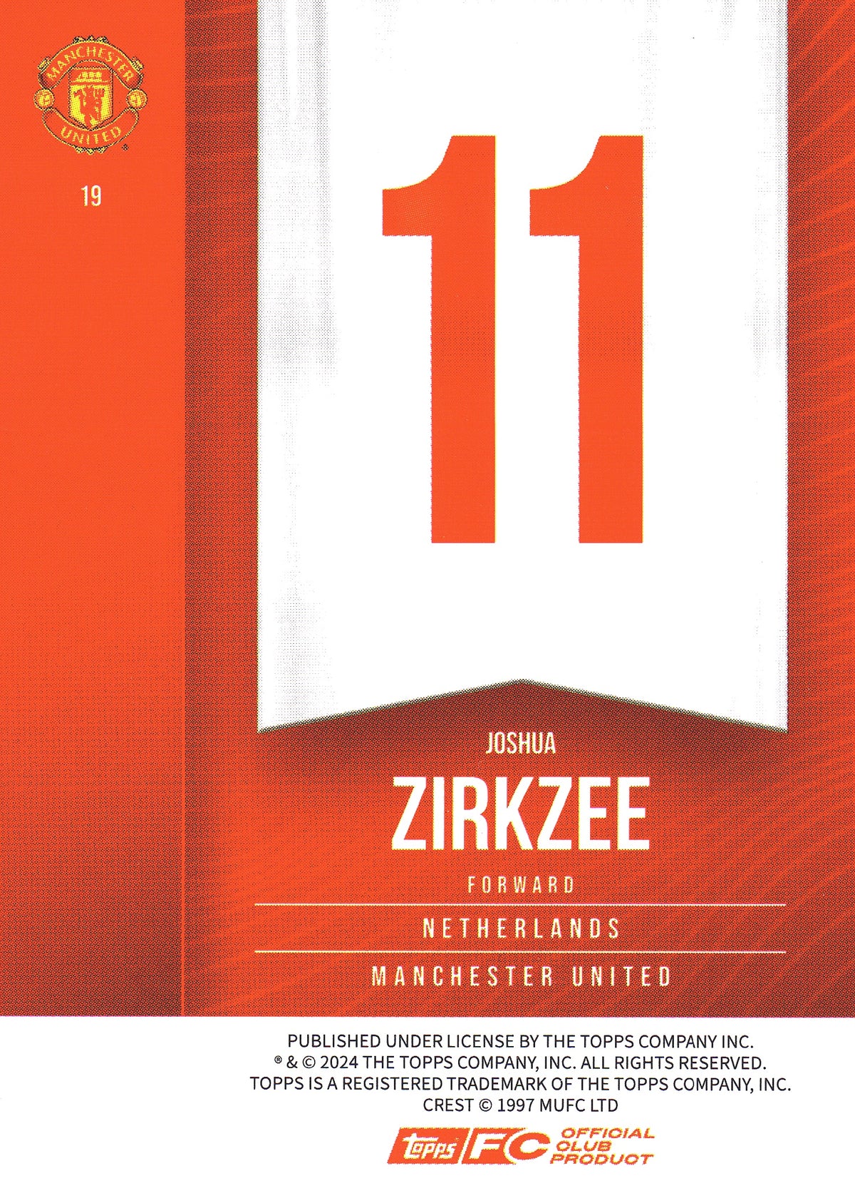 2024 Topps Manchester United Fan Set Joshua Zirkzee #9 Manchester United