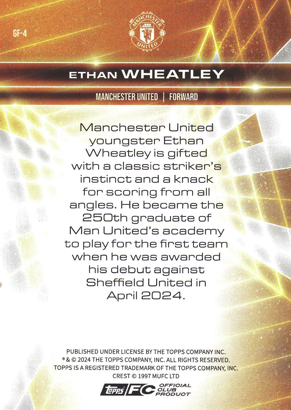 2024 Topps Manchester United Fan Set Golden Future Ethan Wheatley #GF-4