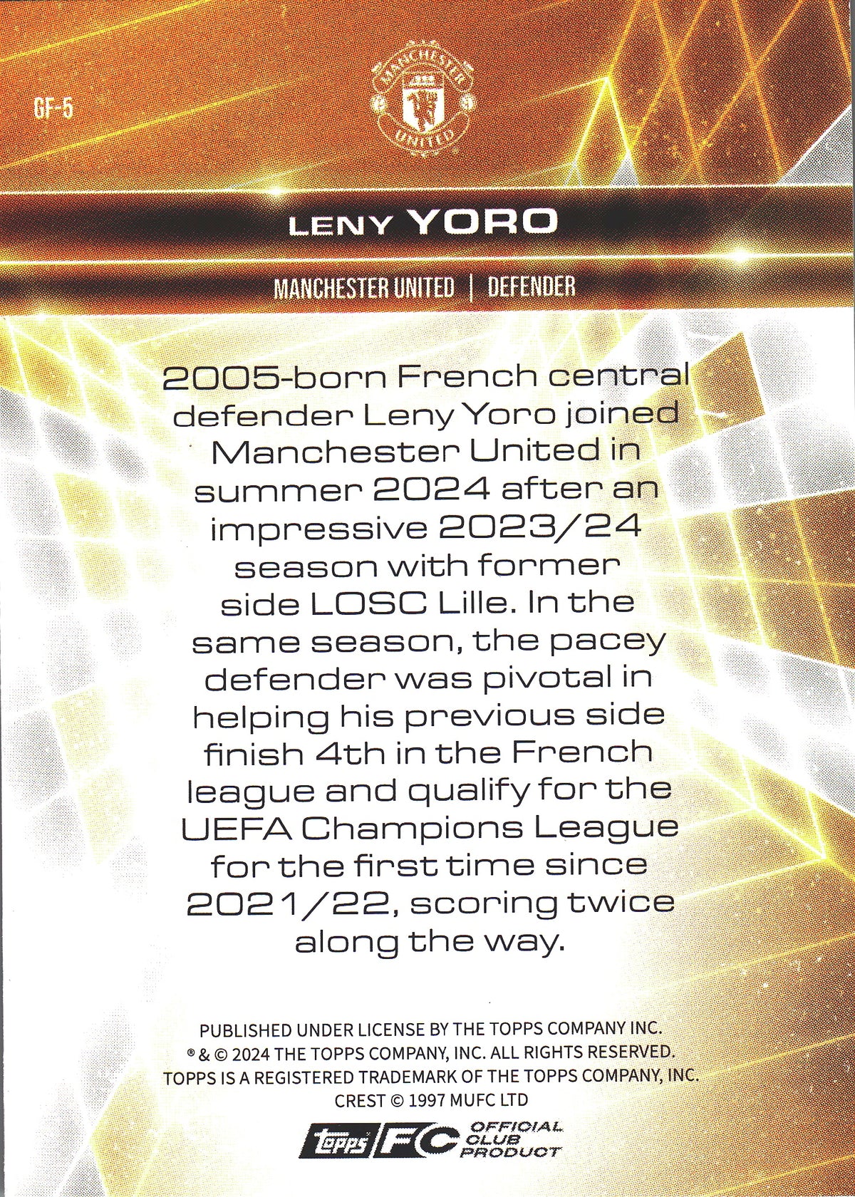 2024 Topps Manchester United Fan Set Golden Future Leny Yoro #GF-5
