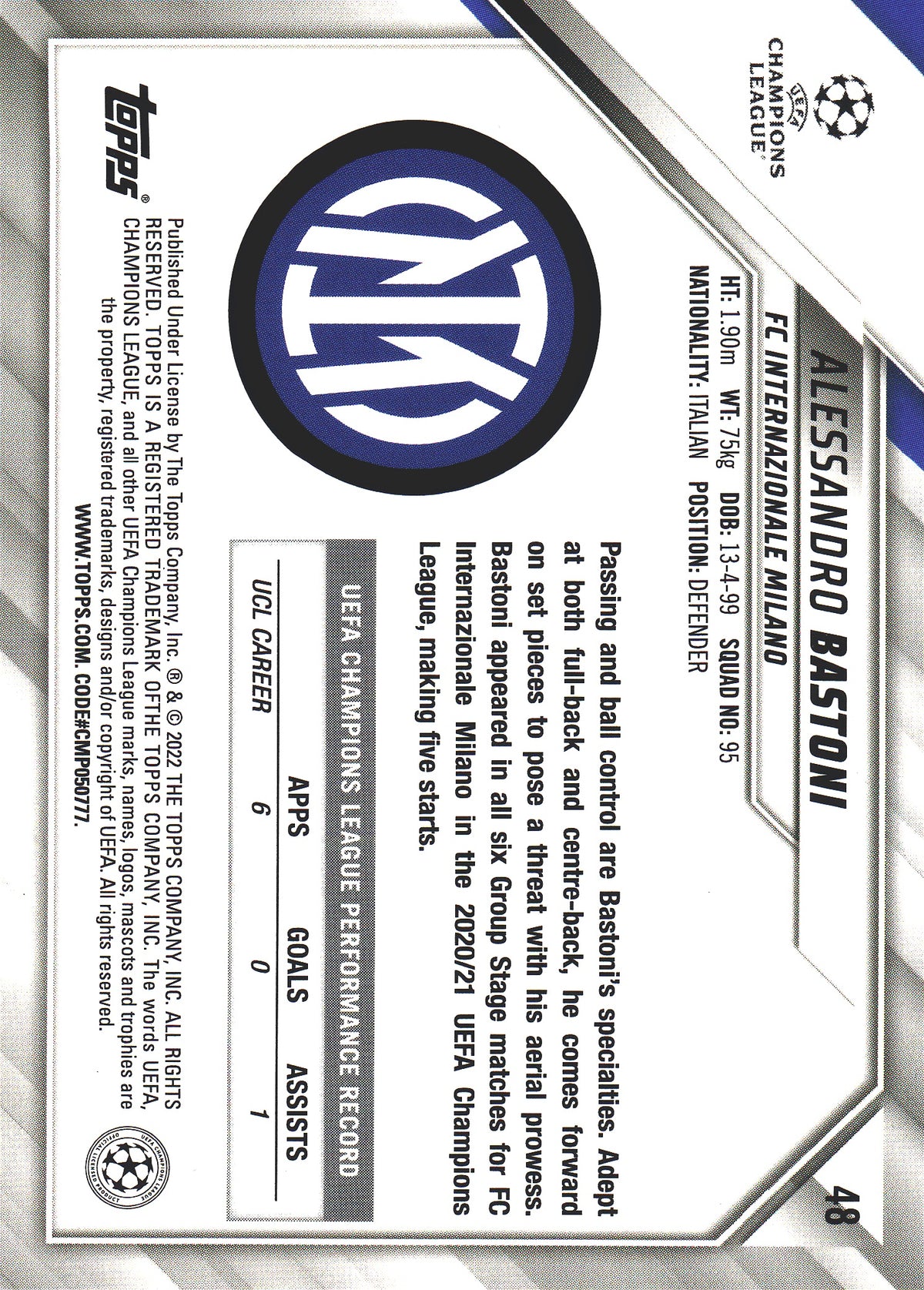 2021 Topps UCC Starball Foil Alessandro Bastoni #48 Inter Milan