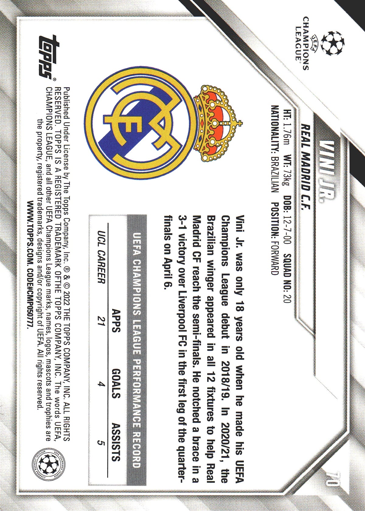 2021 Topps UCC Starball Foil Vinicius Jr. #70 Real Madrid CF