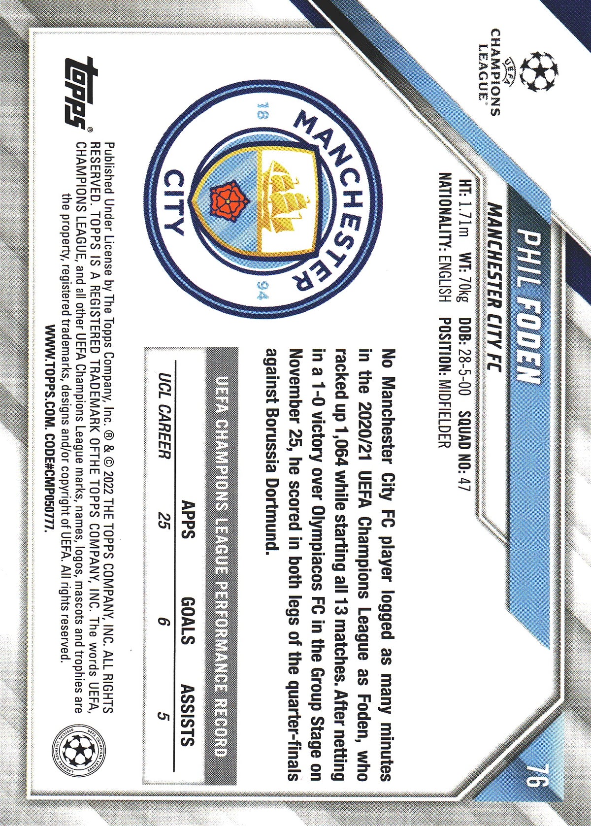 2021 Topps UCC Starball Foil Phil Foden #76 Manchester City