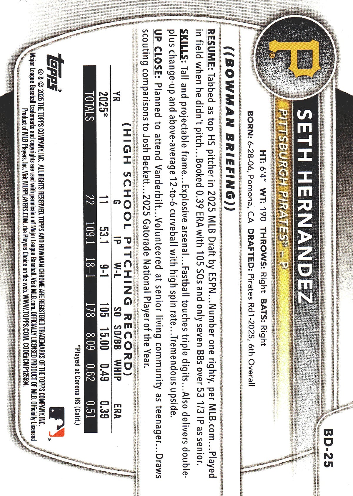 2025 Topps Bowman Prospect 1st Red /5 Seth Hernandez #BD-25 Pittsburgh Pirates