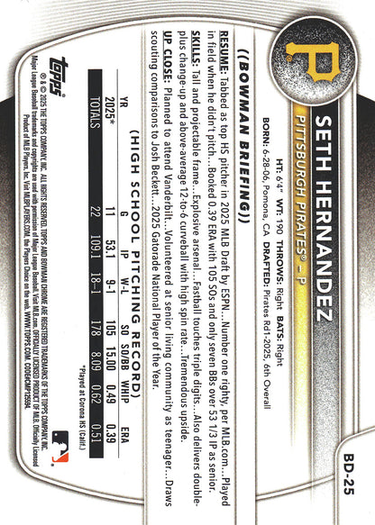 2025 Topps Bowman Prospect 1st Red /5 Seth Hernandez #BD-25 Pittsburgh Pirates