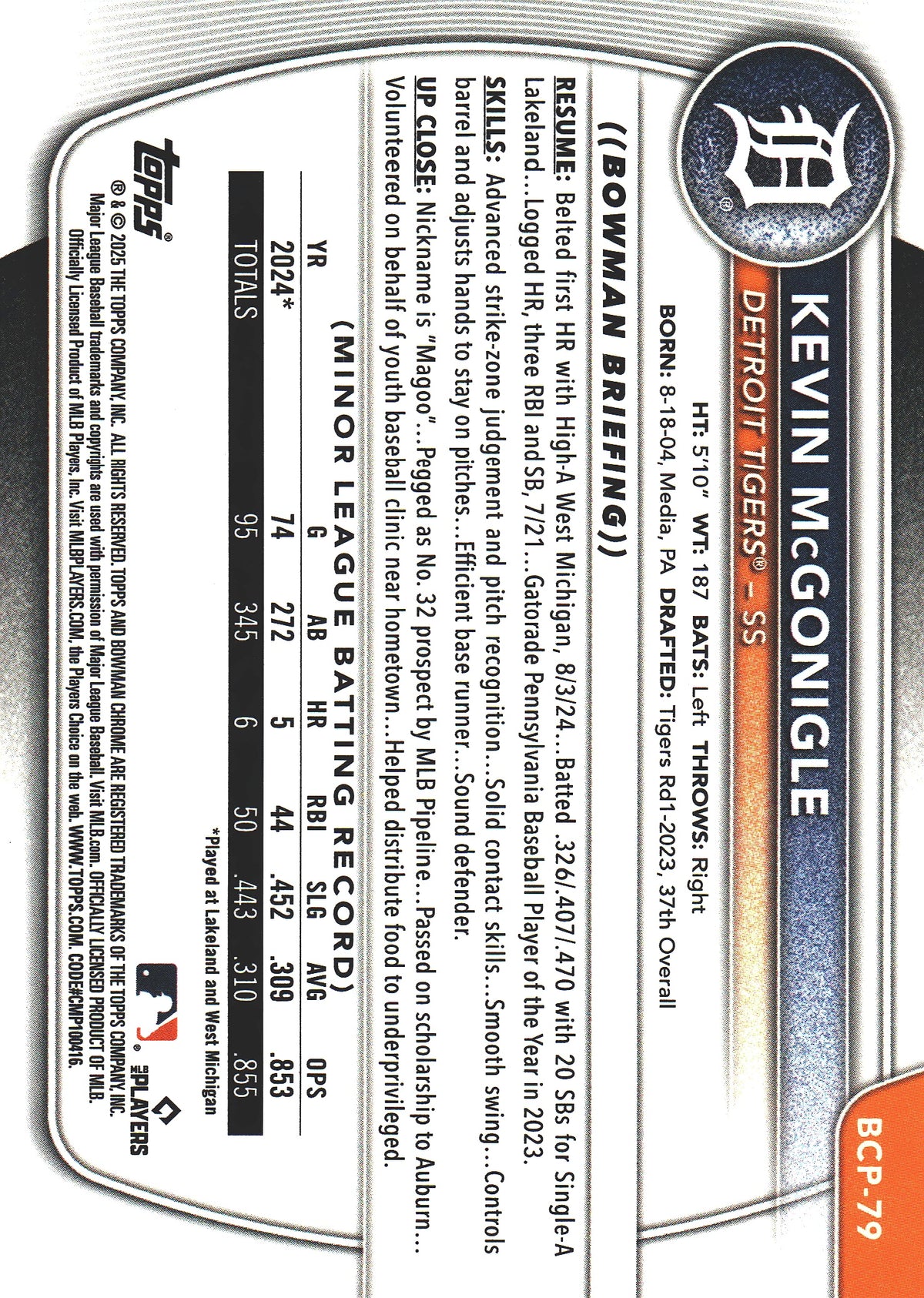2025 Topps Bowman Chrome Omega 350 /350 1st Kevin McGonigle #BCP-79 Detroit Tigers