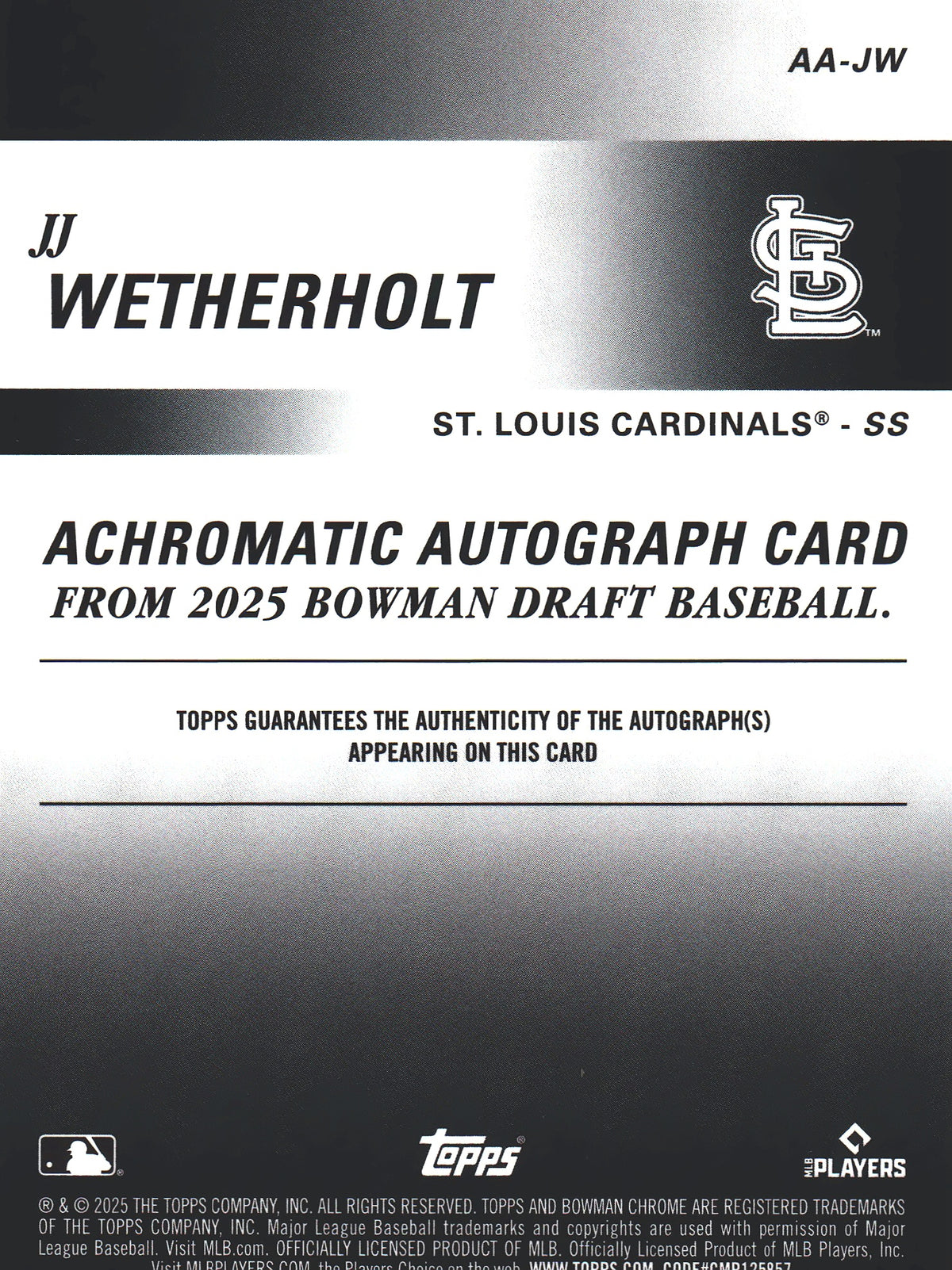 2025 Topps Bowman Chrome Achromatic Auto /250 JJ Wetherholt #AA-JW St. Louis Cardinals