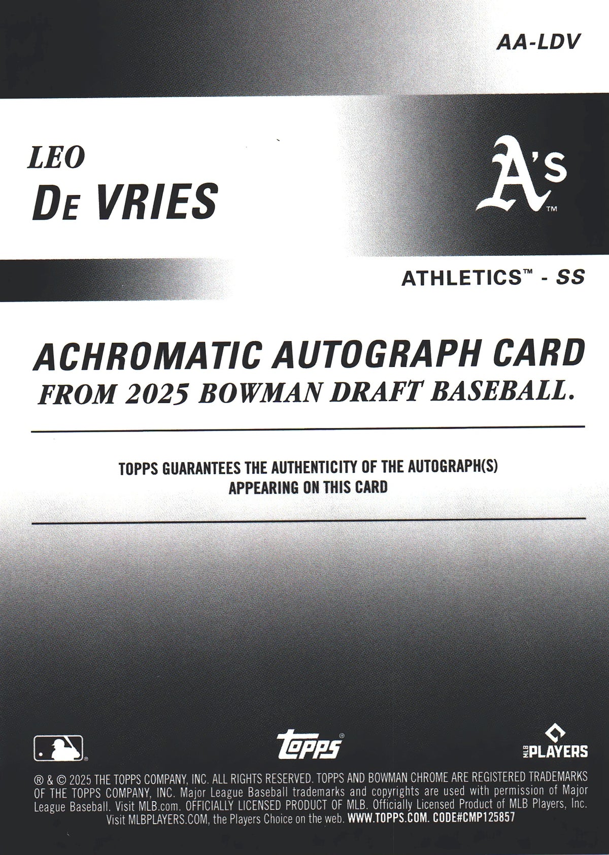 2025 Topps Bowman Chrome Achromatic Auto /250 Leo De Vries #AA-LDV San Diego Padres