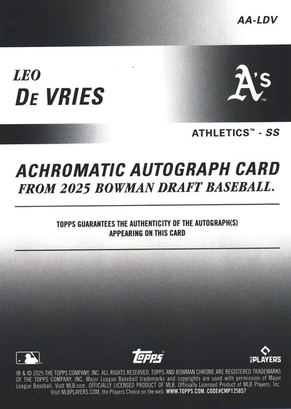 2025 Topps Bowman Chrome Achromatic Auto /250 Leo De Vries #AA-LDV San Diego Padres