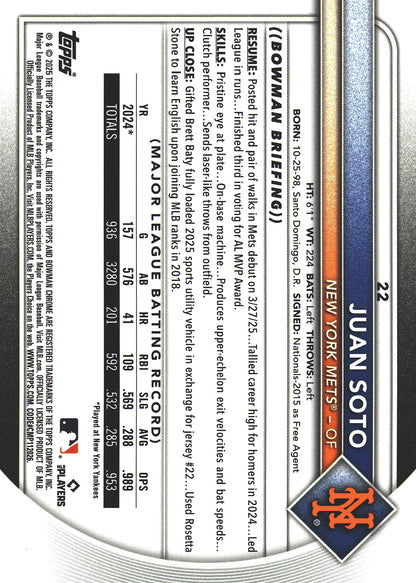 2025 Topps Bowman Chrome Green /99 Juan Soto #22 New York Mets