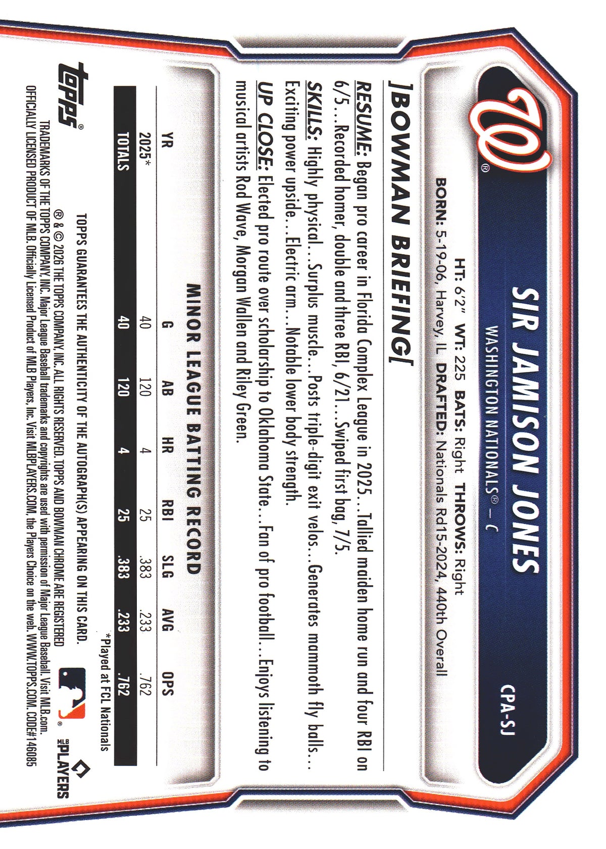 2026 Topps Bowman Chrome 1st Auto /150 Sir Jamison Jones #CPA-SJ Washington Nationals