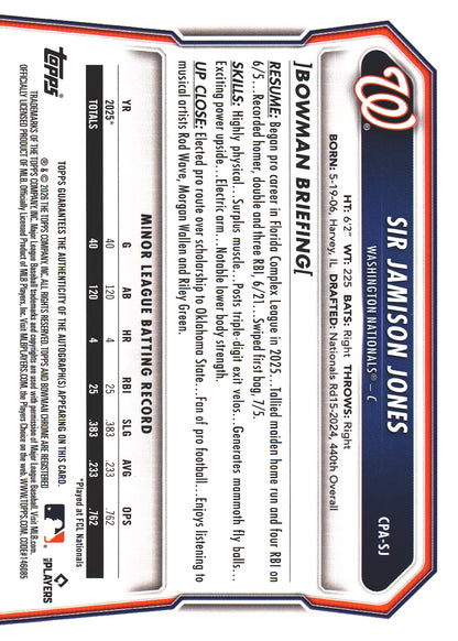 2026 Topps Bowman Chrome 1st Auto /150 Sir Jamison Jones #CPA-SJ Washington Nationals