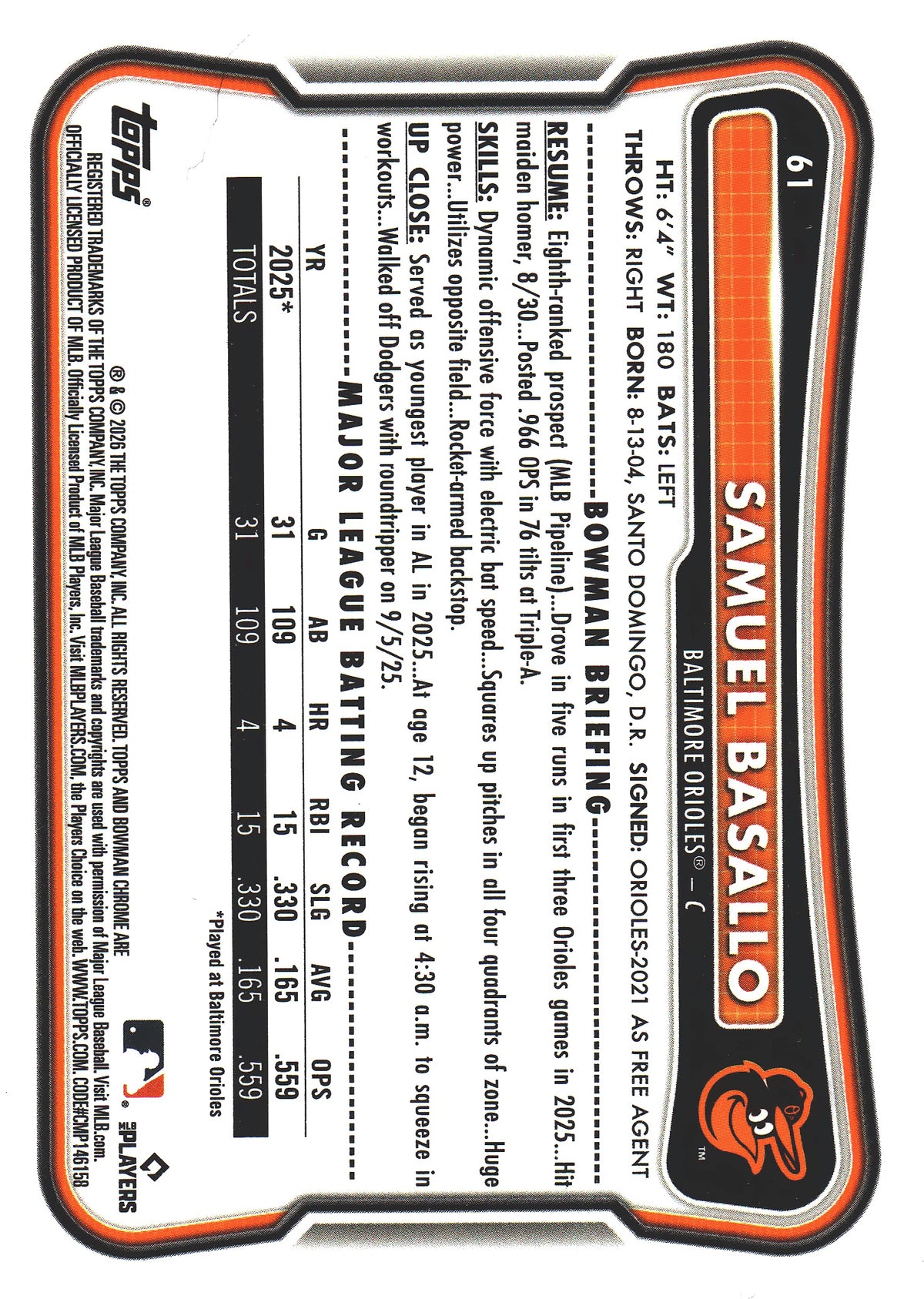 2026 Topps Bowman Chrome RC Red Logo Refractor Samuel Basallo #61 Baltimore Orioles