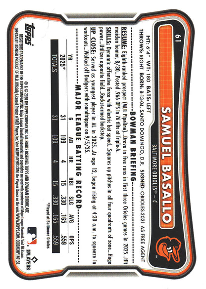 2026 Topps Bowman Chrome RC Red Logo Refractor Samuel Basallo #61 Baltimore Orioles
