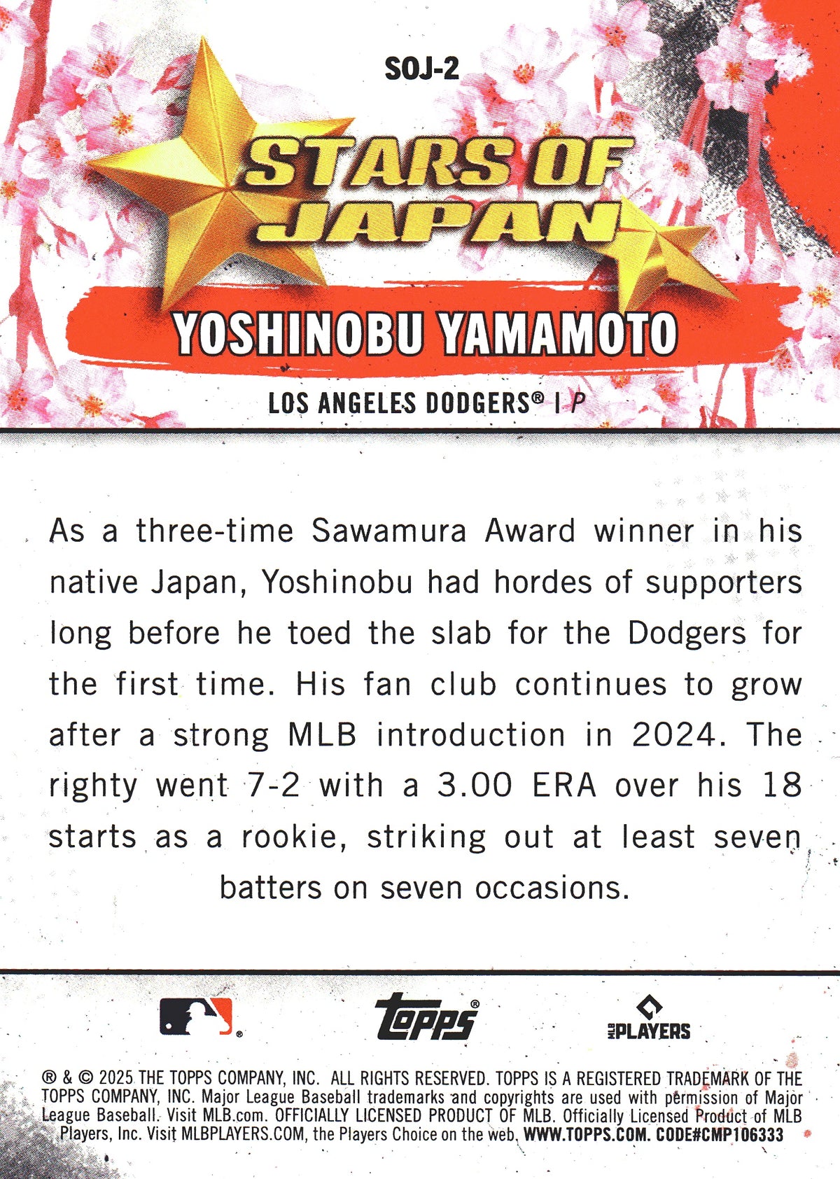 2025 Topps Series 1 Stars of Japan Yoshinobu Yamamoto #SOJ-2 Los Angeles Dodgers