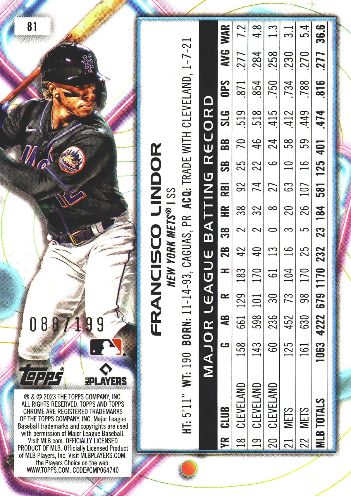 2023 Topps Chrome Cosmic Aqua /199 Francisco Lindor #81 New York Mets