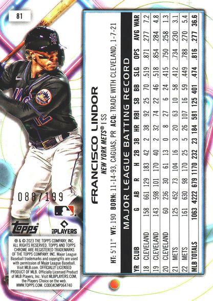2023 Topps Chrome Cosmic Aqua /199 Francisco Lindor #81 New York Mets