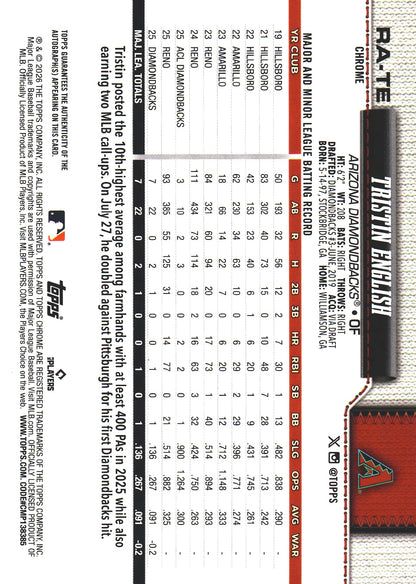 2026 Topps Chrome RC Auto Tristin English #RA-TE Arizona Diamondbacks