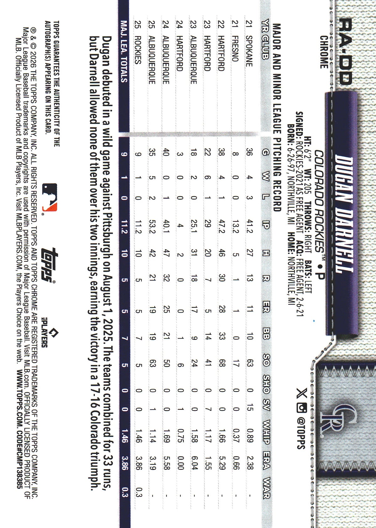 2026 Topps Chrome RC Auto Dugan Darnell #RA-DD Colorado Rockies