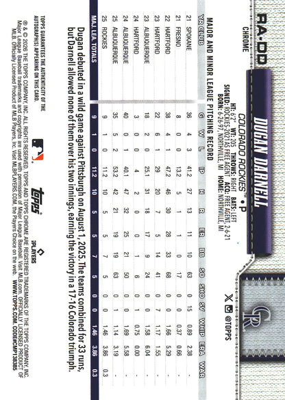 2026 Topps Chrome RC Auto Dugan Darnell #RA-DD Colorado Rockies