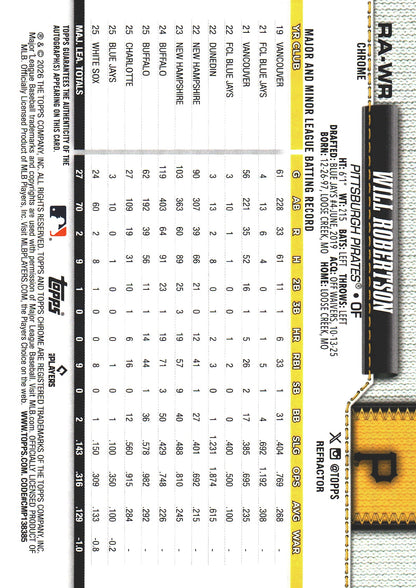2026 Topps Chrome RC Auto /499 Will Robertson #RA-WR Pittsburgh Pirates