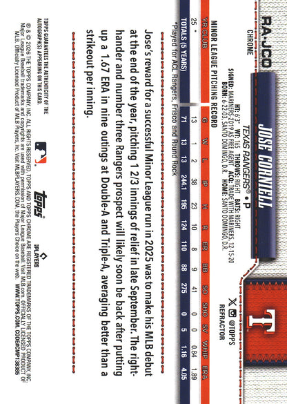 2026 Topps Chrome RC Auto /499 Jose Corniell #RA-JCO Texas Rangers