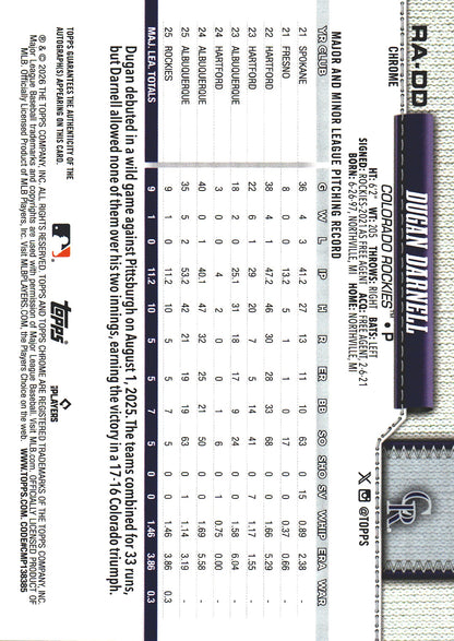 2026 Topps Chrome RC Auto /299 Dugan Darnell #RA-DD Colorado Rockies