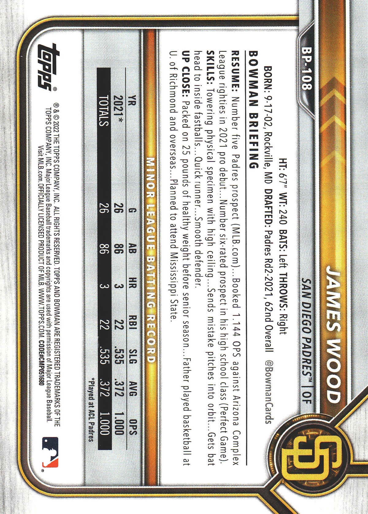 2022 Bowman 1st Bowman James Wood #BP-108 San Diego Padres