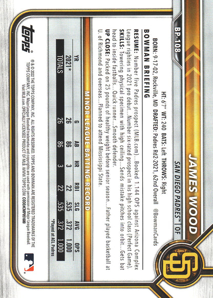 2022 Bowman 1st Bowman James Wood #BP-108 San Diego Padres