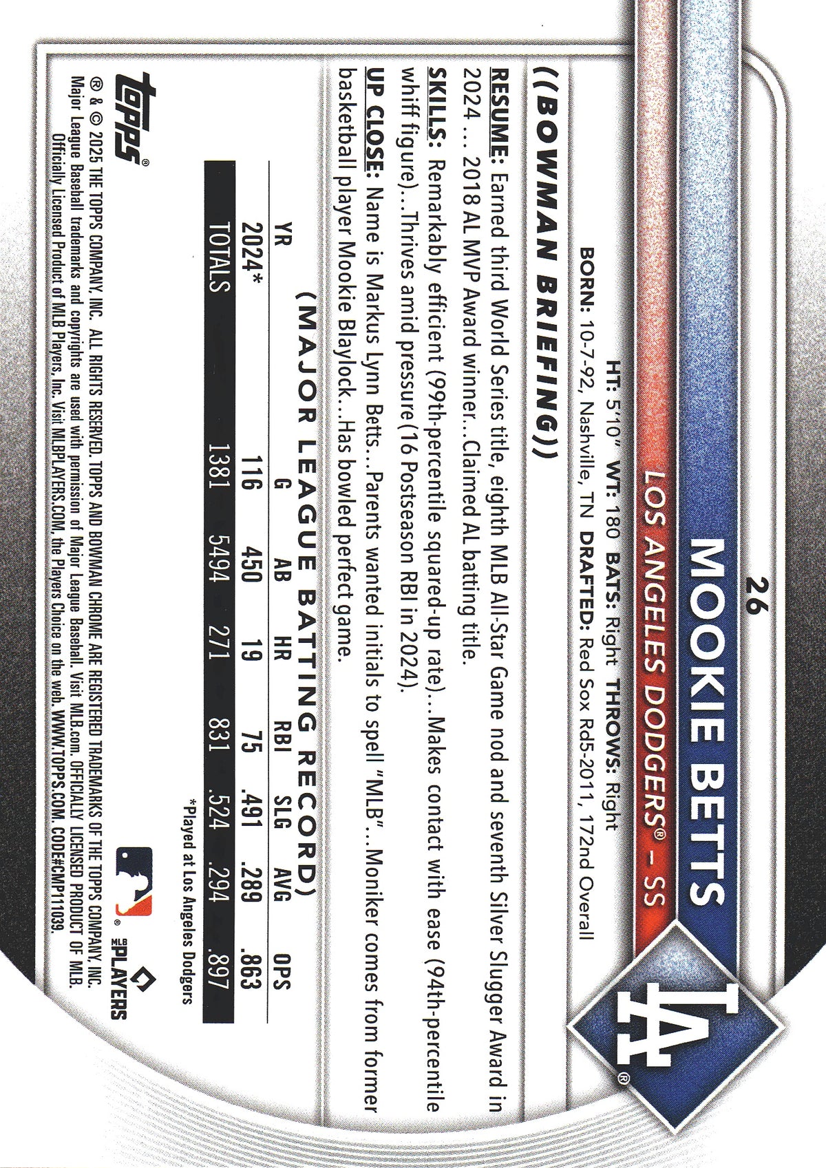 2025 Topps Bowman Chrome Mojo Mookie Betts #26 Los Angeles Dodgers