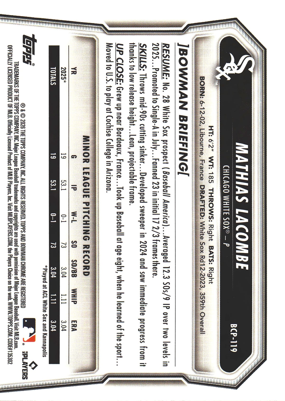 2026 Topps Bowman Chrome X-Fractor 1st Mathias Lacombe #BCP-119 Chicago White Sox