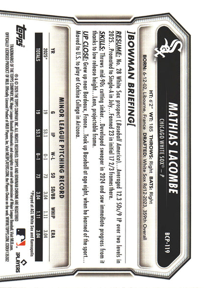 2026 Topps Bowman Chrome X-Fractor 1st Mathias Lacombe #BCP-119 Chicago White Sox