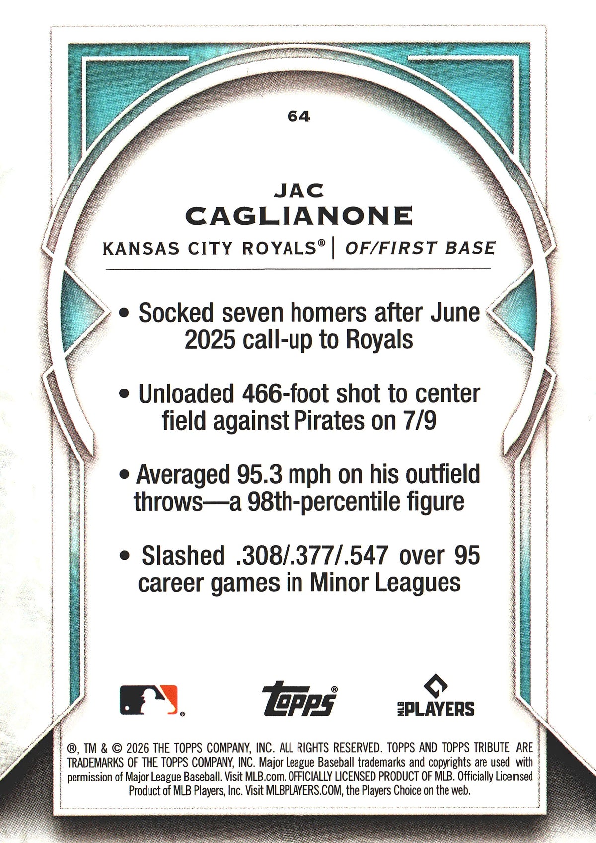 2026 Topps Tribute RC Jac Caglianone #64 Kansas City Royals