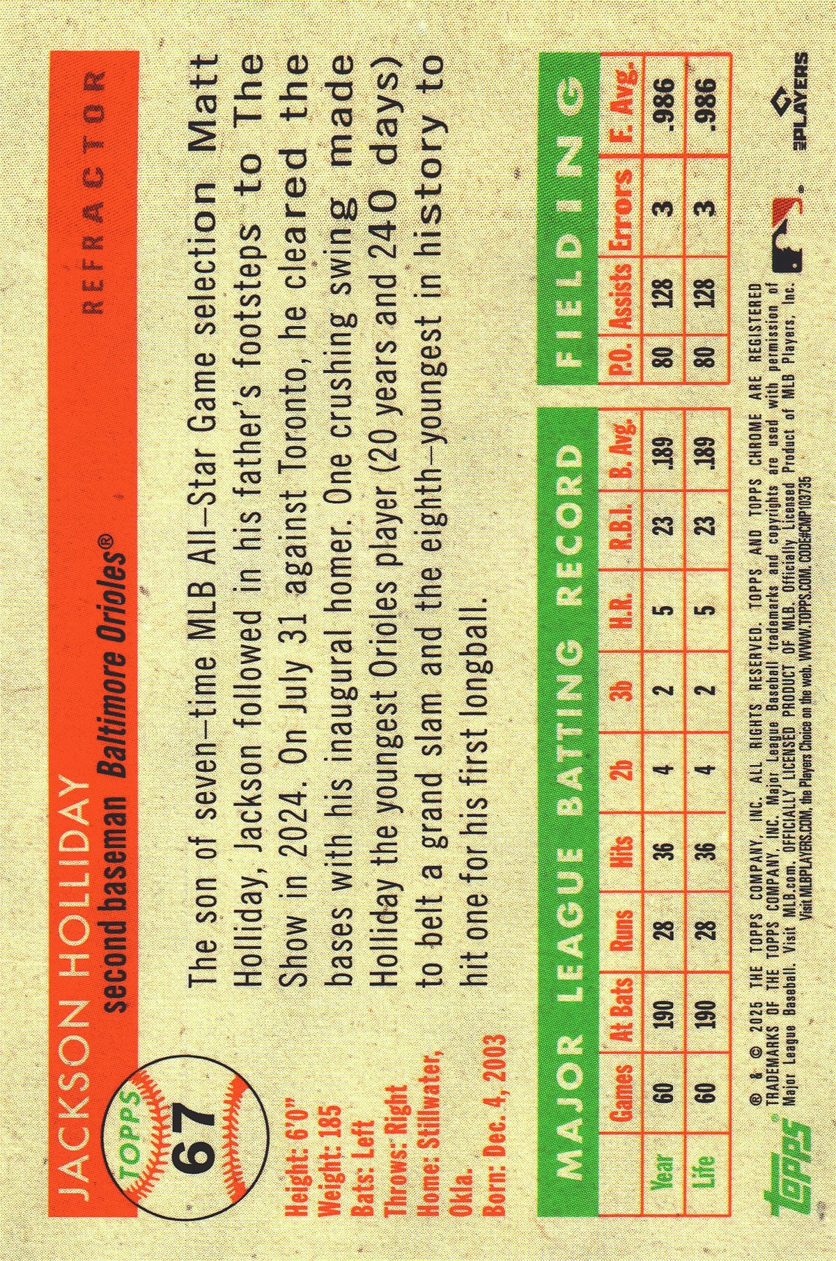 2025 Topps Chrome Platinum Refractor Jackson Holliday #67 Baltimore Orioles