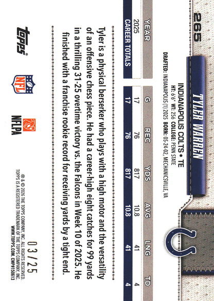 2026 Topps Flagship Future Stars Orange /25 Tyler Warren #265 Indianapolis Colts