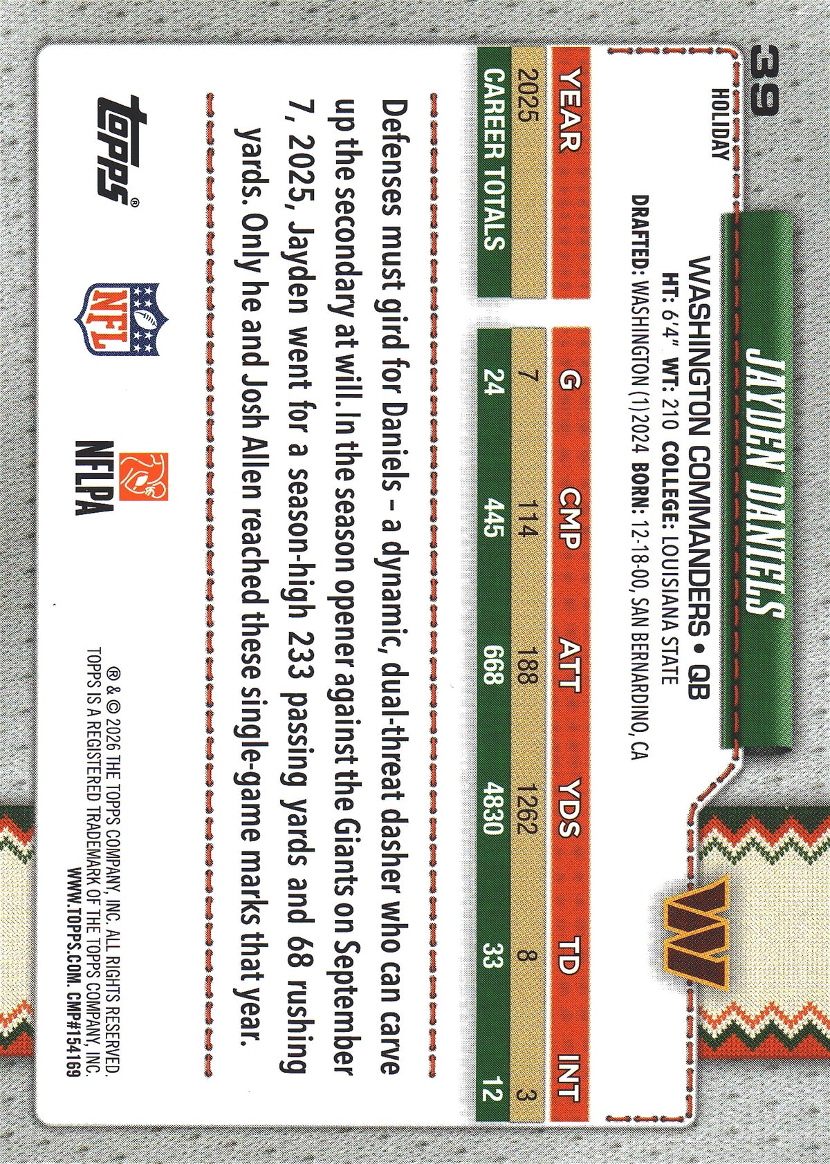 2026 Topps Holiday Back Variation Jayden Daniels #39 Washington Commanders