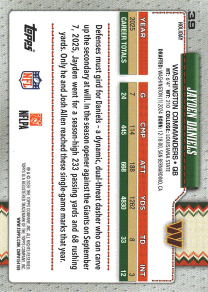 2026 Topps Holiday Back Variation Jayden Daniels #39 Washington Commanders