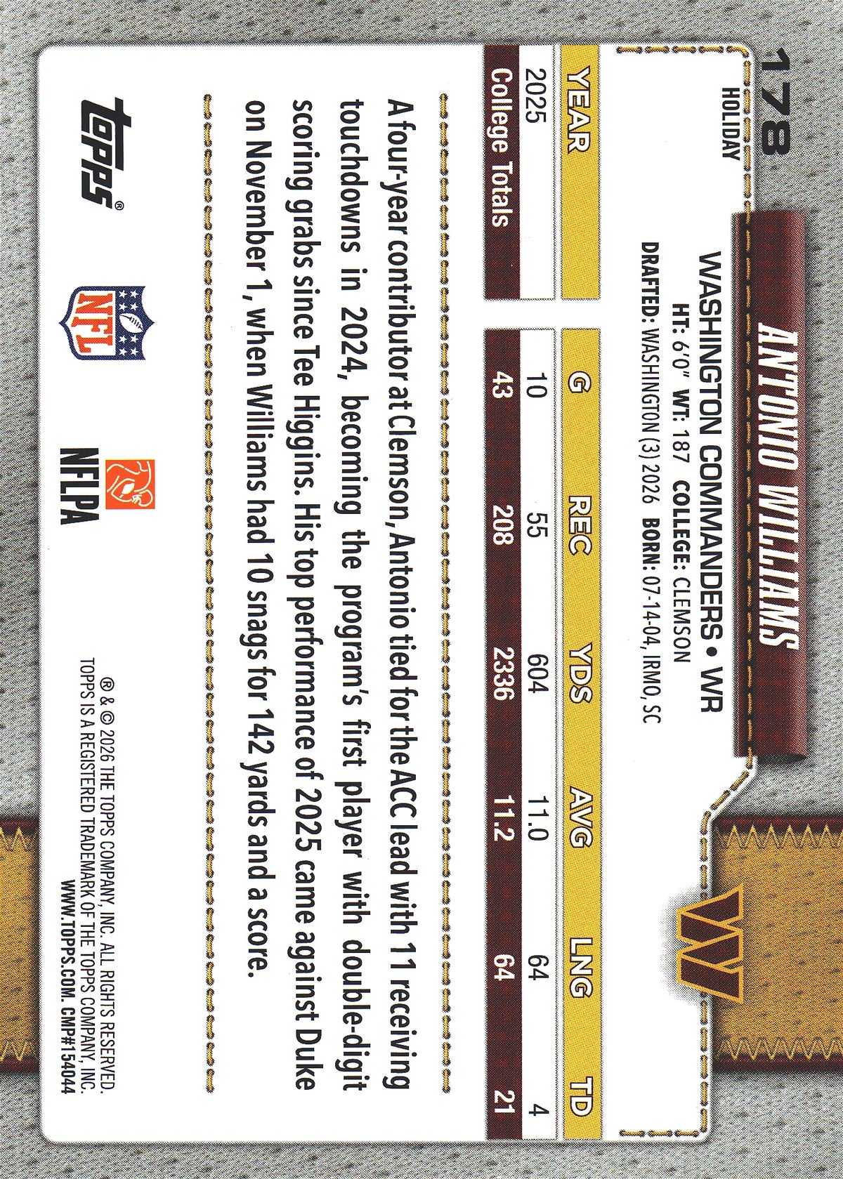 2026 Topps Holiday Blue Light RC Antonio Williams #178 Washington Commanders